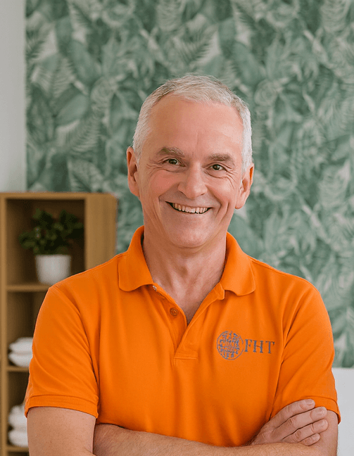 Two male massage therapists standing in a bright, professional treatment room, one resembling Ed in an orange uniform, smiling and ready to welcome clients.