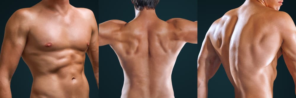 Professional male grooming results shown across chest, back, and shoulders after waxing and chest hair trim.